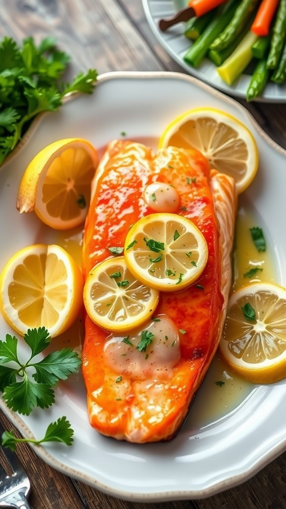 A delicious garlic lemon salmon fillet garnished with parsley and lemon wedges on a rustic table with vegetables.